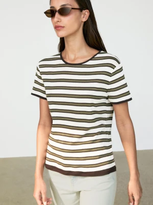 Bawełniana Koszulka W Paski Z Krótkim Rękawem - Khaki - Massimo Dutti - Female