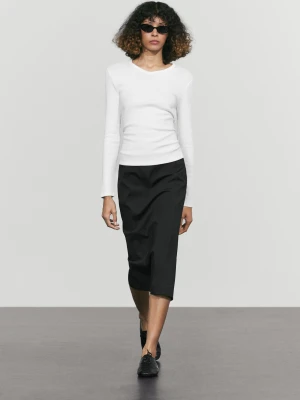 Bawełniana Koszulka Z Dekoltem W Serek I Długim Rękawem - Biały Złamany - Massimo Dutti - Female