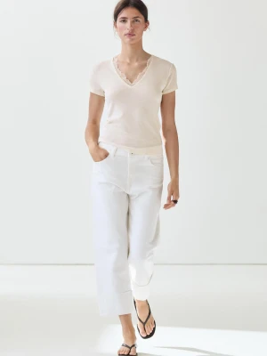 Bawełniana Koszulka Z Dekoltem W Serek I Koronką - Surowy - Massimo Dutti - Female