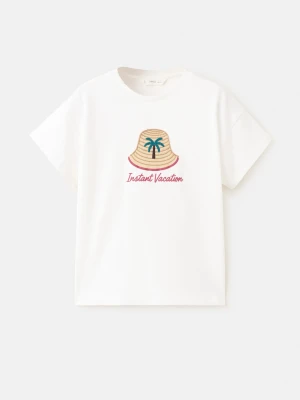 Bawełniana koszulka z haftem złamana biel - Dzieci - lata - MANGO KIDS