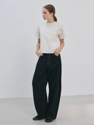 Bawełniana koszulka z haftowanymi ażurowymi wzorami kremowy / écru - Kobieta - - MANGO