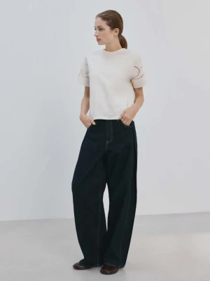 Bawełniana koszulka z haftowanymi ażurowymi wzorami kremowy / écru - Kobieta - - MANGO