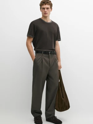 Bawełniana Koszulka Z Kontrastowym Dekoltem - Ołowiany - Massimo Dutti - Male