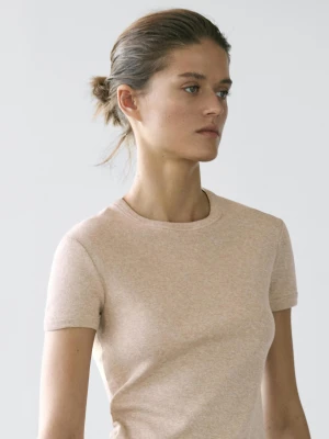 Bawełniana Koszulka Z Krótkim Rękawem - Beżowy Pop - - Massimo Dutti - Kobieta