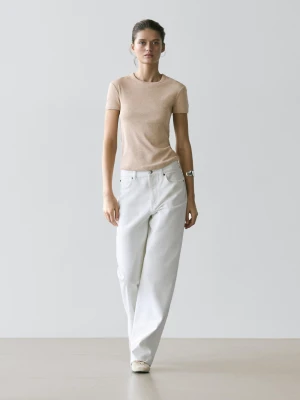 Zdjęcie produktu Bawełniana Koszulka Z Krótkim Rękawem - Beżowy Pop - - Massimo Dutti - Kobieta