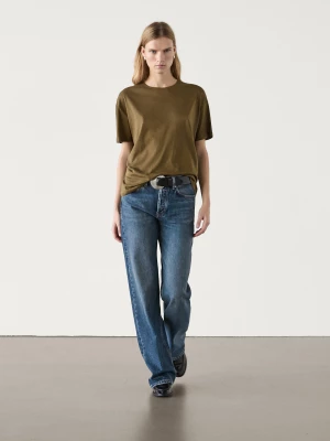 Bawełniana Koszulka Z Krótkim Rękawem - Ciemny Khaki - - Massimo Dutti - Kobieta