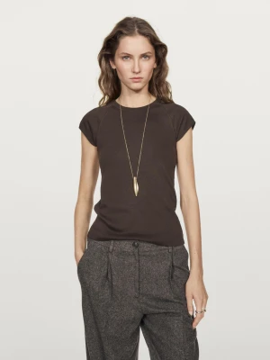 Bawełniana Koszulka Z Krótkim Rękawem Raglanowym - Brązowy - - Massimo Dutti - Kobieta