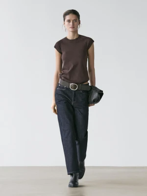 Koszulka 100% Bawełna Z Krótkim Rękawem Raglanowym - Brązowy - - Massimo Dutti - Kobieta