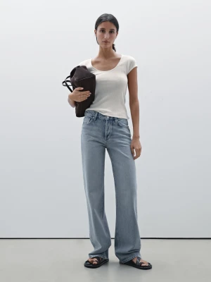 Bawełniana Koszulka Z Ozdobną Koronką - Surowy - - Massimo Dutti - Kobieta