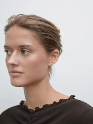 Bawełniana Koszulka Z Ozdobnym Marszczeniem - Brązowy - - Massimo Dutti - Kobieta