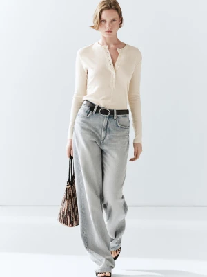 Zdjęcie produktu Bawełniana Koszulka Z Zapięciem Na Guziki - Surowy - - Massimo Dutti - Kobieta