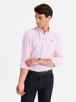 Bawełniana męska koszula REGULAR FIT w drobne paski – różowa V2 - Rozmiar: XXL Ombre Clothing