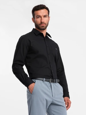 Bawełniana męska koszula z kieszenią REGULAR FIT - czarna V1 Ombre Clothing