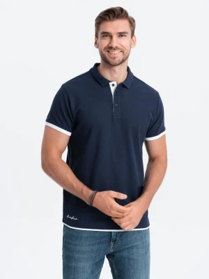 Bawełniana męska koszulka polo z kontrastowymi wykończeniami – granatowa V4 - Rozmiar: L Ombre Clothing