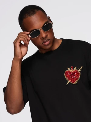 Bawełniana męska koszulka z biżuteryjną aplikacją na klatce piersiowej - czarna V1 - Rozmiar: S Ombre Clothing