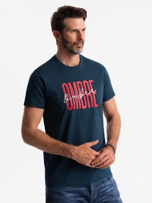 Bawełniana męska koszulka z podwójnym logotypem – granatowa V3 - Rozmiar: XXL Ombre Clothing