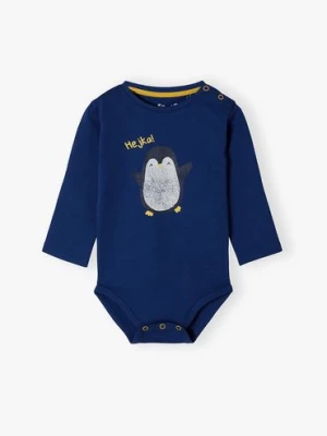 Bawełniane body niemowlęce dla chłopca z pingwinem - granatowe 5.10.15.