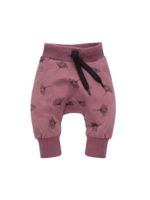 Bawełniane fioletowe spodnie niemowlęce z nadrukiem Pinokio