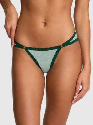 PINK Bawełniane majtki cheeky z niskim stanem i koronkowym wykończeniem Victoria's Secret Zielony