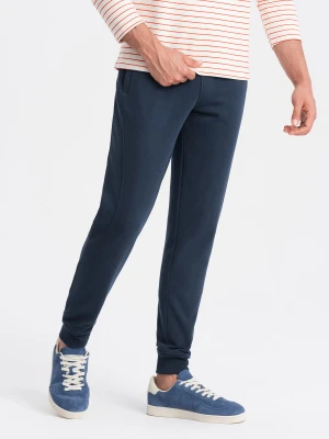 Bawełniane męskie spodnie dresowe joggery BASIC – granatowe V1 - Rozmiar: L Ombre Clothing