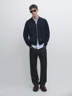 Bawełniano-Wełniany Kardigan Na Suwak - Granatowy - - Massimo Dutti - Mężczyzna