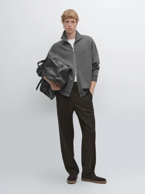 Bawełniano-Wełniany Kardigan Na Suwak - Szary Melanżowy - - Massimo Dutti - Mężczyzna