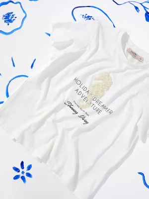 Bawełniany biały T-shirt z aplikacją TARANKO