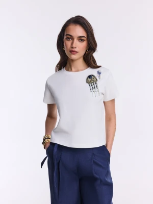 Bawełniany biały T-shirt z aplikacją z koralików TARANKO