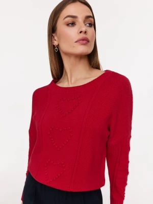 Bawełniany czerwony sweter z wyszywanymi sercami TARANKO