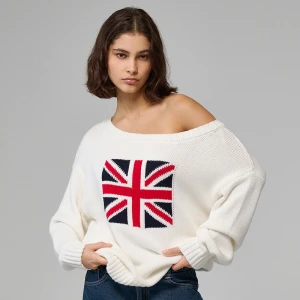 Zdjęcie produktu Bawełniany kremowy sweter open shoulder z flagą UK House