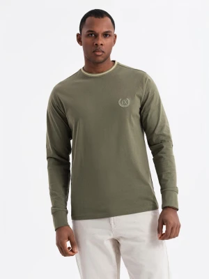 Bawełniany męski longsleeve z dekoltem U w paski i haftem – oliwkowy V1 OM-LSCL-0128
 -                                    S Ombre