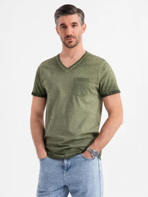 Zdjęcie produktu Bawełniany męski t-shirt V-neck z dzianiny z efektem sprania - oliwkowy V9 - Rozmiar: S Ombre Clothing