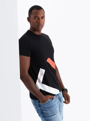 Bawełniany męski t-shirt z kontrastowym dwukolorowym printem – czarny V1 Ombre Clothing