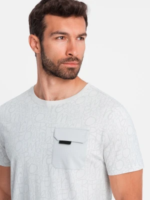 Bawełniany męski t-shirt z literowym printem i kieszonką – biało-szary V3 Ombre Clothing