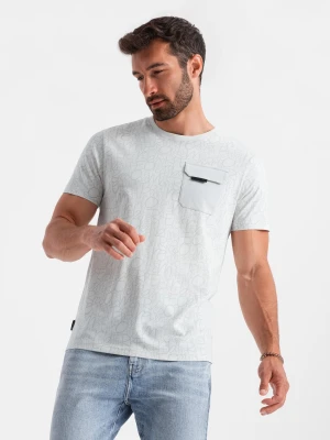 Bawełniany męski t-shirt z literowym printem i kieszonką – biało-szary V3 Ombre Clothing