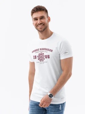 Zdjęcie produktu Bawełniany męski t-shirt z nadrukiem w stylu college – biały V1 - Rozmiar: XL Ombre Clothing