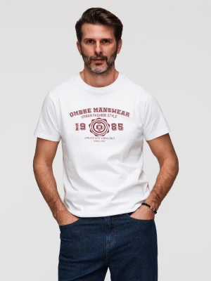Bawełniany męski t-shirt z nadrukiem w stylu college – biały V1 - Rozmiar: XXL Ombre Clothing