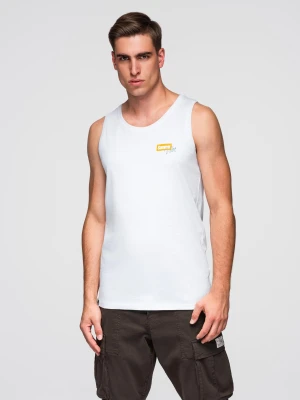 Bawełniany męski tank top z nadrukiem Summer Vibe – biały V2 - Rozmiar: S Ombre Clothing