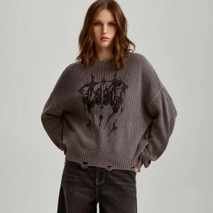Bawełniany sweter loose fit z nadrukiem i przedarciami House ciemnoszary