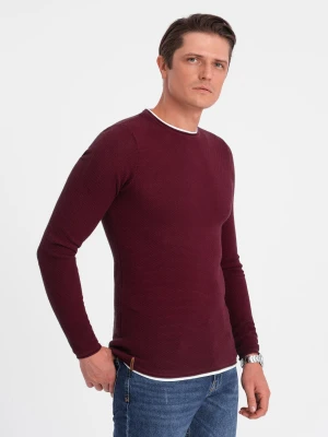 Bawełniany sweter męski z okrągłym dekoltem - bordowy V8 - Rozmiar: M Ombre Clothing