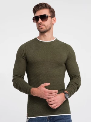Bawełniany sweter męski z okrągłym dekoltem - ciemnooliwkowy V7 OM-SWSW-0103
 -                                    XL
