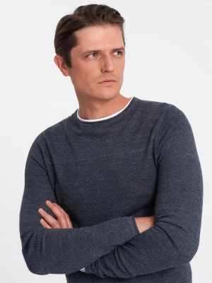 Bawełniany sweter męski z okrągłym dekoltem - granatowy melanż V3 - Rozmiar: L Ombre Clothing