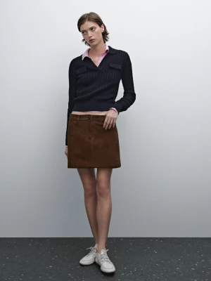 Bawełniany Sweter Polo O Warkoczowym Splocie - Granatowy - - Massimo Dutti - Kobieta