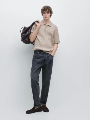 Sweter Polo Ze Splotem Warkoczowym Z Bawełny - Beżowy - - Massimo Dutti - Mężczyzna