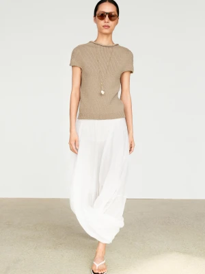 Bawełniany Sweter Z Krótkim Rękawem I Wywiniętym Dekoltem - Beżowy - Massimo Dutti - Female