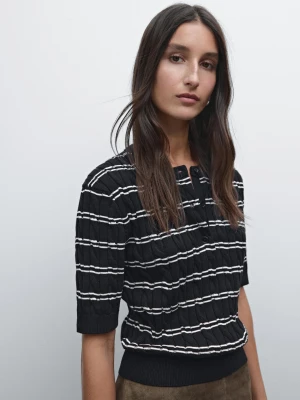 Bawełniany Sweter Z Krótkim Rękawem W Paski - Granatowy - - Massimo Dutti - Kobieta
