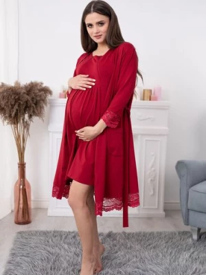 Bawełniany szlafrok z koronką dla kobiet w ciąży - bordowy FORMOMMY