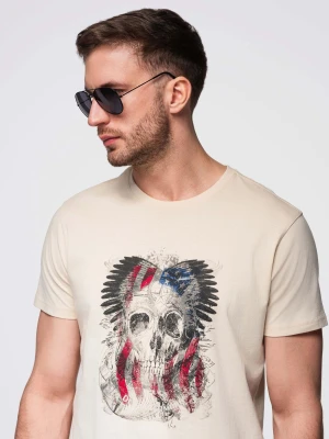 Bawełniany t-shirt męski z nadrukiem w stylu rockowym – kremowy V1 - Rozmiar: L Ombre Clothing