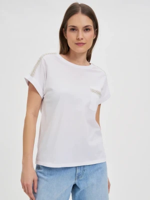 Bawełniany t-shirt ozdobiony koralikami biały Moodo