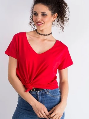 Bawełniany t-shirt V-neck czerwony BASIC FEEL GOOD